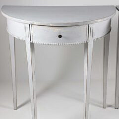 Pair of Antique Gustavian Grey Lime Washed Demilune One Drawer Console Tables