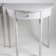 Pair of Antique Gustavian Grey Lime Washed Demilune One Drawer Console Tables