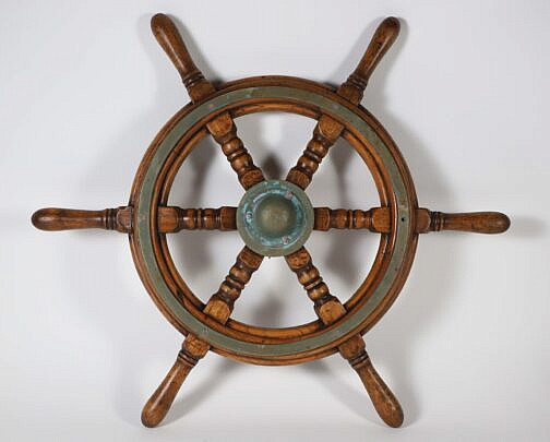 Vintage Bras and Wood Yacht Wheel