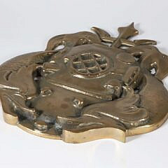 Vintage Nautical Bronze Plaque, Twin Dolphins Flanking a Diving Helmet