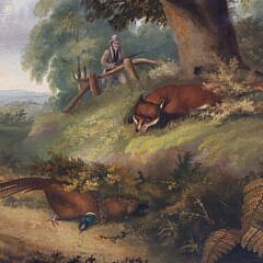 English Oil Canvas “The Hunter, The Fox, and The Pheasant”, 19th Century