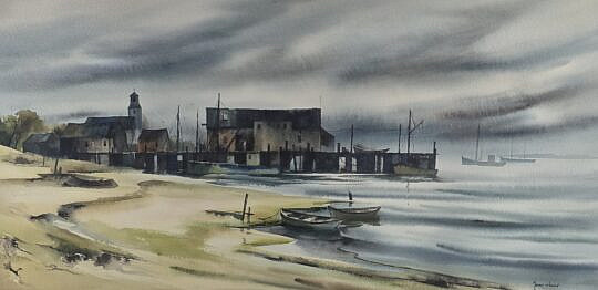 John Cuthbert Hare Watercolor on Paper “Provincetown Waterfront”, Painting, 20th century