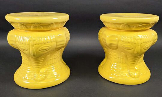 Pair of Ceramic Yellow Glaze Elephant Garden Stools