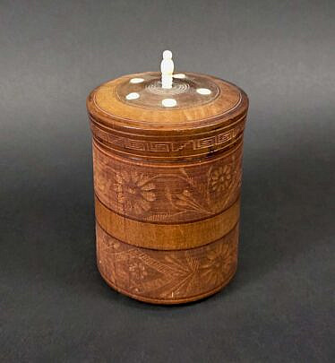 Vintage Carved and Inlaid Circular Cedar Box