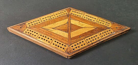 Antique Multi Wood Inlaid Diamond Shaped Cribbage Board, 19th century