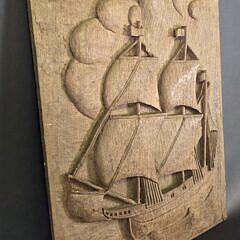 Vintage Relief Carved Wooden Clipper Ship Wall Plaque