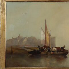 George G. Fryer Oil on Canvas “Fishing Boats Off the Coast at Sunset”, circa 1888