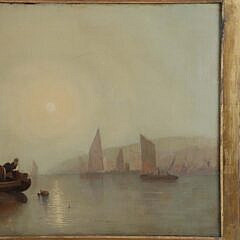 George G. Fryer Oil on Canvas “Fishing Boats Off the Coast at Sunset”, circa 1888