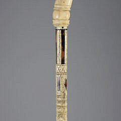 Whaler Made Antique Whale Tooth Grip Walking Stick, 19th Century