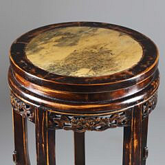 Chinese Teak Wood and Marble Insert Pedestal Table