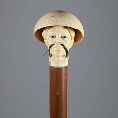 Asian Walking Stick Carved Bust Wearing Hat, 19th Century