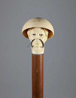 Asian Walking Stick Carved Bust Wearing Hat, 19th Century
