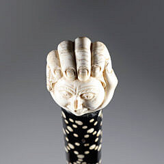 Carved Hand Gripping Gentleman’s Head Walking Stick, 19th Century