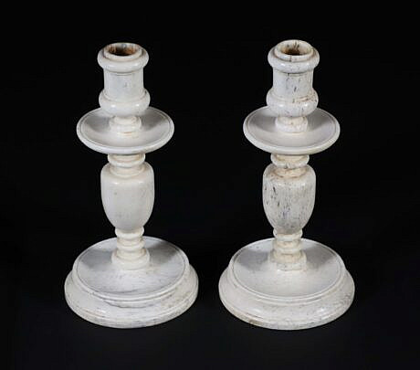 Pair of Sailor Made Turned Antique Bone Candlesticks