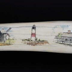 David Lazarus Scrimshawed 19th Century Walrus Tusk Engraved with Nantucket Scenes
