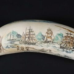 David Lazarus Polychromed Scrimshaw Whale Tooth, “Sperm Whaling Off Hawaii”, and “Nipped in the Ice”