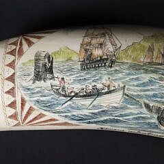 David Lazarus Polychromed Scrimshaw Whale Tooth, “Sperm Whaling Off Hawaii”, and “Nipped in the Ice”