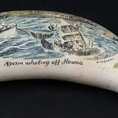 David Lazarus Polychromed Scrimshaw Whale Tooth, “Sperm Whaling Off Hawaii”, and “Nipped in the Ice”