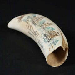 David Lazarus Polychromed Scrimshaw Whale Tooth, “Sperm Whaling Off Hawaii”, and “Nipped in the Ice”