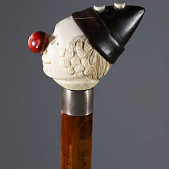 Carved Clown Head Wearing Cap Grip Walking Stick, 19th Century