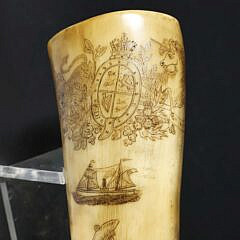 English Engraved Horn with Carved Dog Head Top, 19th Century