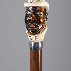Mechanical Carved Gentleman With Hat Grip Walking Stick, 19th Century