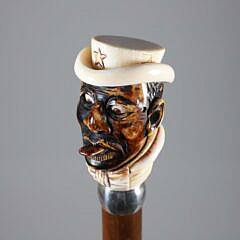 Mechanical Carved Gentleman With Hat Grip Walking Stick, 19th Century