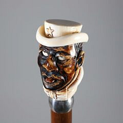Mechanical Carved Gentleman With Hat Grip Walking Stick, 19th Century
