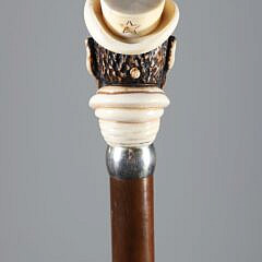 Mechanical Carved Gentleman With Hat Grip Walking Stick, 19th Century
