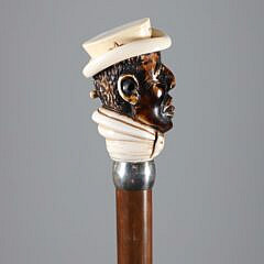 Mechanical Carved Gentleman With Hat Grip Walking Stick, 19th Century