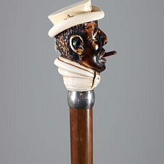 Mechanical Carved Gentleman With Hat Grip Walking Stick, 19th Century