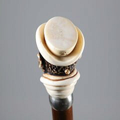 Mechanical Carved Gentleman With Hat Grip Walking Stick, 19th Century
