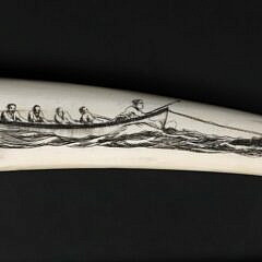 David Lazarus Scrimshaw Small Walrus Tusk Engraved with Active Whaling Scenes