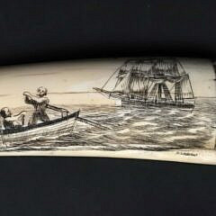 David Lazarus Scrimshaw Small Walrus Tusk Engraved with Active Whaling Scenes