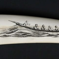 David Lazarus Scrimshaw Small Walrus Tusk Engraved with Active Whaling Scenes