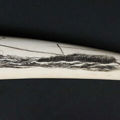 David Lazarus Scrimshaw Small Walrus Tusk Engraved with Active Whaling Scenes