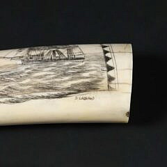 David Lazarus Scrimshaw Small Walrus Tusk Engraved with Active Whaling Scenes