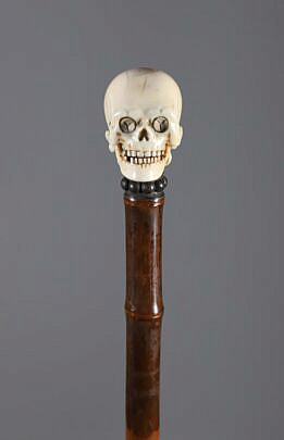 Mechanical Carved Skull grip Walking Stick, 19th Century