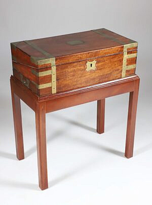 Antique Campaign Brass Bound Writing Box on Custom Stand