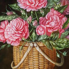 Irmgard Arvin Oil on Board “Nantucket Basket with Dianthus Bouquet”