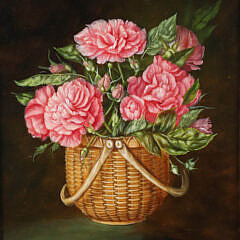 Irmgard Arvin Oil on Board “Nantucket Basket with Dianthus Bouquet”