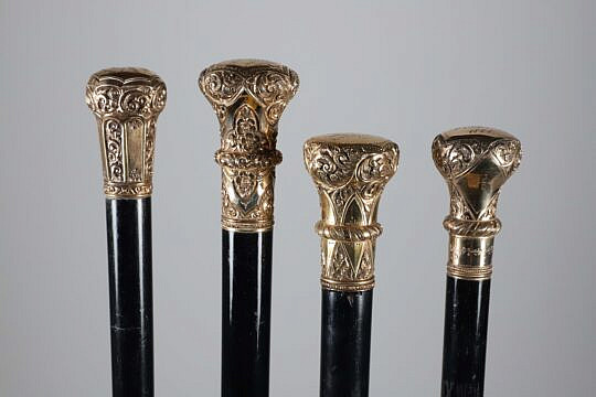 Four Antique Gold Filled Knob Presentation Walking Sticks, 19th Century