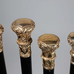 Four Antique Repousse Gold Filled Knob Presentation Walking Sticks, 19th Century
