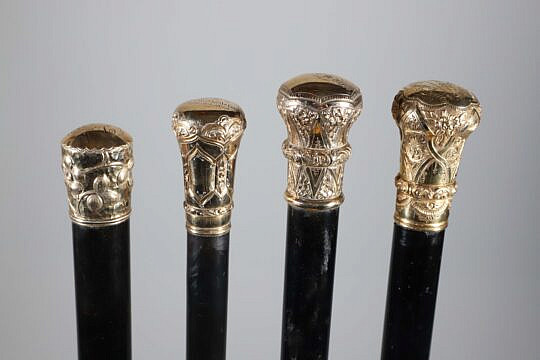 Four Antique Gold Filled Knob Presentation Walking Sticks, 19th Century
