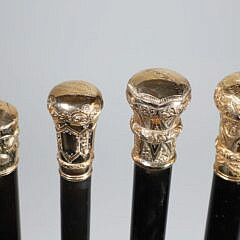 Collection of Four Antique Gold Filled Knob Presentation Walking Sticks, 19th Century