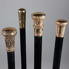 Four Antique Gold Filled Knob Presentation Walking Sticks, 19th Century