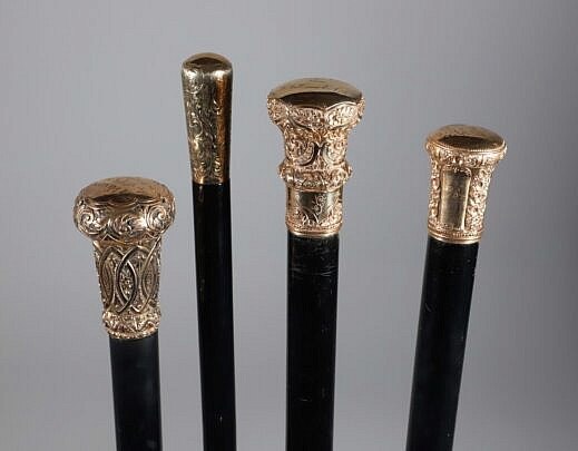 Four Antique Gold Filled Knob Presentation Walking Sticks, 19th Century