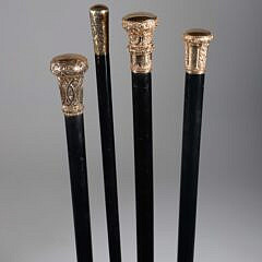 Four Antique Repousse Gold Filled Knob Presentation Walking Sticks, 19th Century