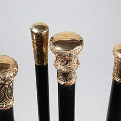 Four Antique Repousse Gold Filled Knob Presentation Walking Sticks, 19th Century