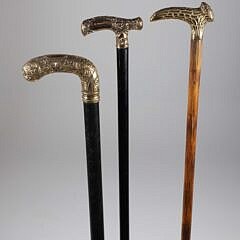 Three Antique Repousse Gold Filled Handle Canes, 19th Century